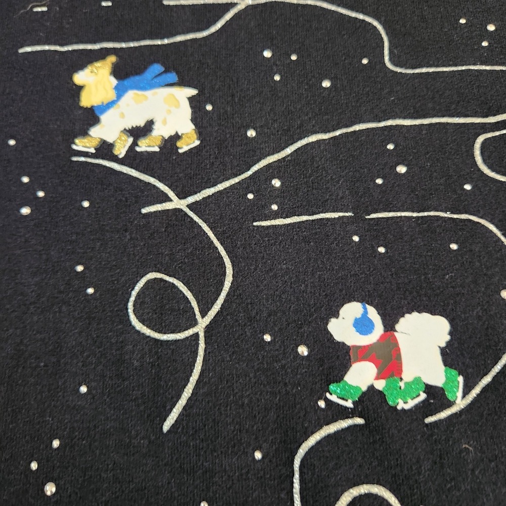 Ice Skating Dogs Cotton T-Shirt Large Black Glitter Whimsigoth Holiday Novelty - Picture 9 of 10